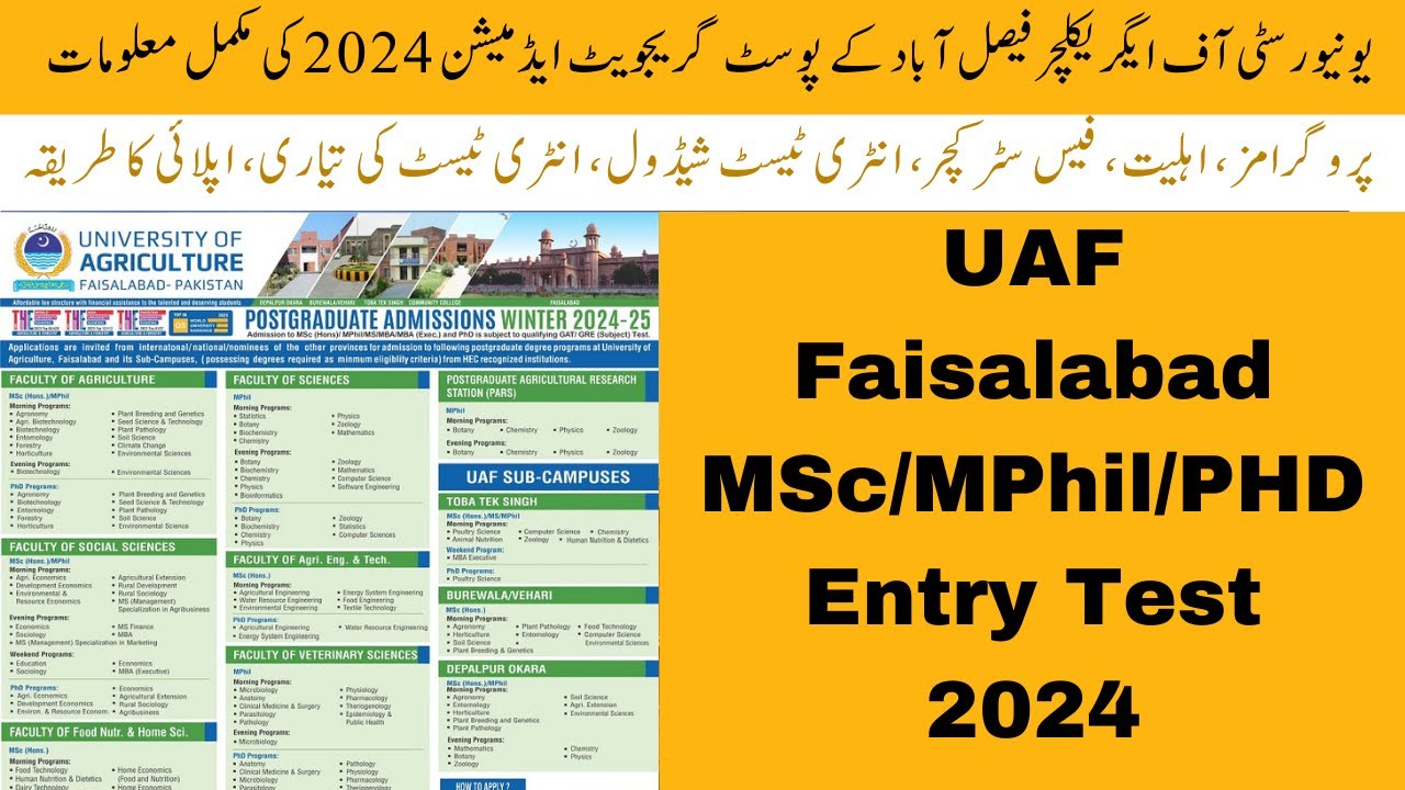 University of Agriculture Faisalabad (UAF) postgraduate Admissions 2024 | Entry Test Schedule 2024