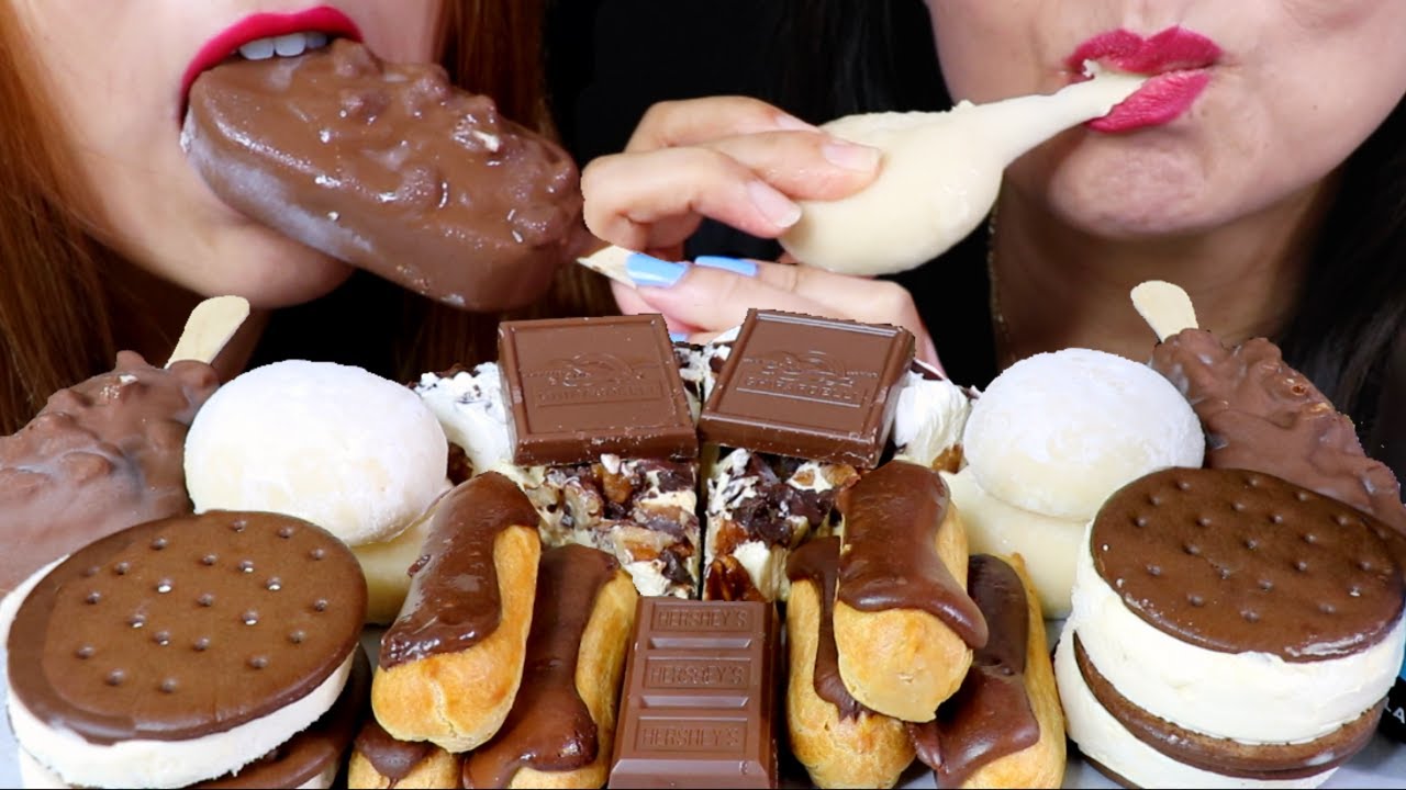 ASMR CARAMEL ICE CREAM BARS, CHOCOLATE, MOCHI CREAM ICE, ECLAIR, PIE 리얼사운드 먹방 | Kim&Liz ASMR