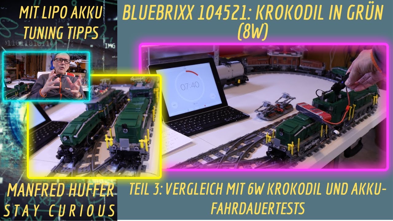 Bluebrixx 104521: Krokodil Teil 3 - Vergleich mit 6W Krokodil (BB und Lego) und Akkubelastungstests