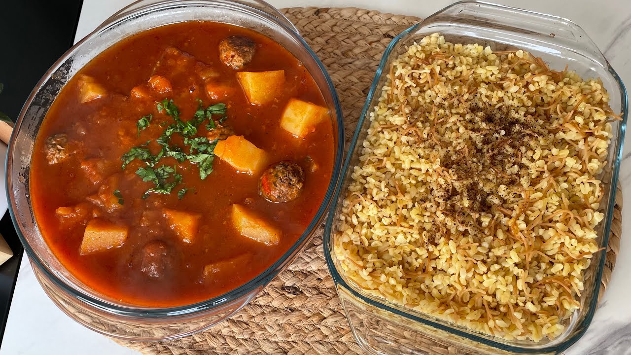 اسهل وصفة للغداء يخنة البطاطا بمرقة البندورة مع طريقة تحضير برغل بشعيرية مفلفل 😍👌🏻