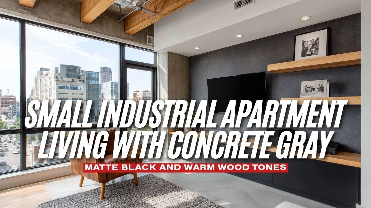 Small Industrial Apartment Living with concrete gray matte black and warm wood tones