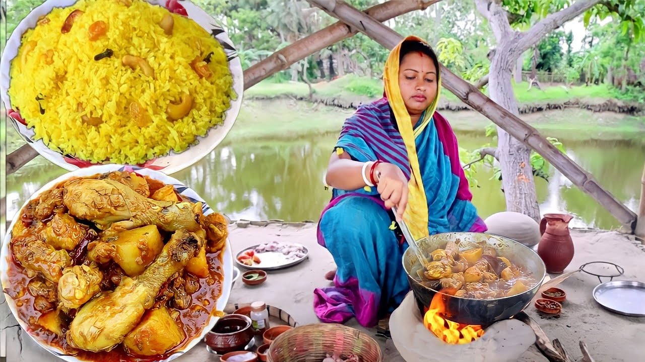 ঘরোয়া পদ্ধতিতে বাসন্তী পোলাও আর চিকেন কষা রেসিপি||polao recipe||misti polao||basanti polao