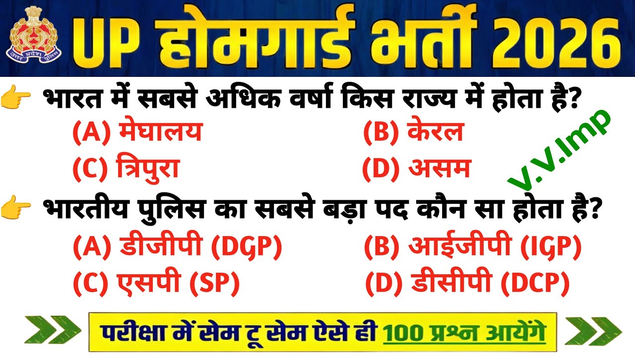 UP Home Guard भर्ती 2025 | UP GK Top 100 Questions | UP Gk Previous Year Questions Paper | Part 13