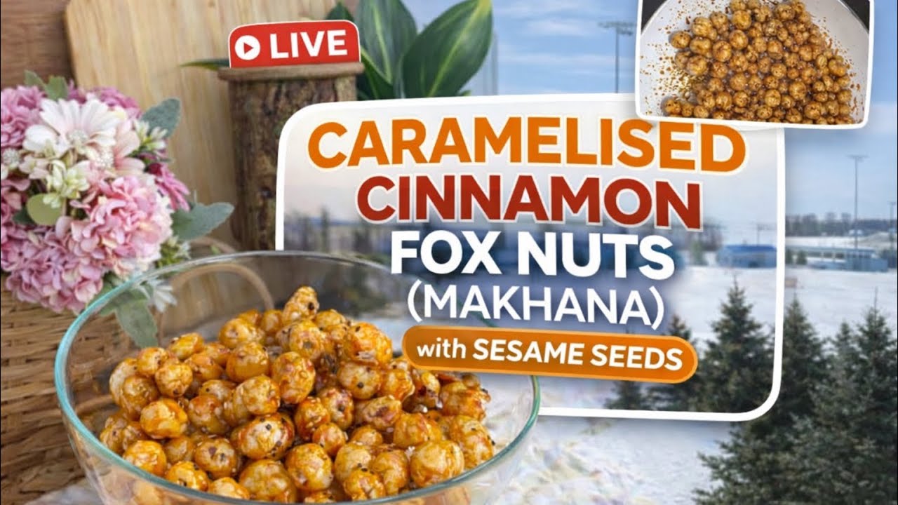 Caramelized Makhana Live! Sweet crunchy snack with cozy melting snow views ❄️🍯