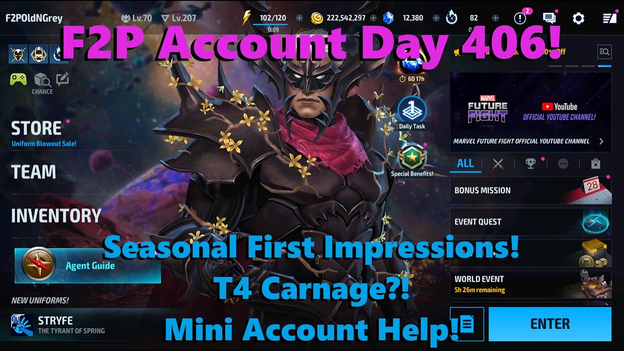 Marvel Future Fight: F2P Account Day 406! Update First Look! T4 Carnage? Mini Account Help! 🗣️🤓🩹
