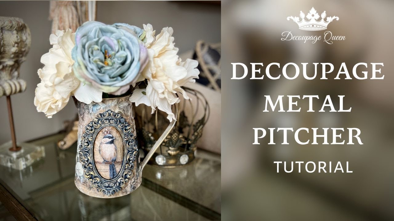 Decoupage on Metal Pitcher, Tutorial by Teresa Rene Art.