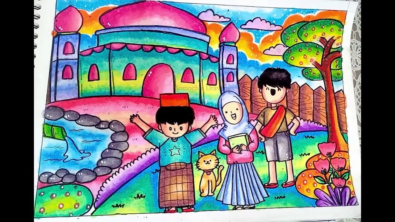 Cara Menggambar dan Mewarnai Pemandangan Masjid dengan Gradasi Warna Oil Pastel (Crayon)