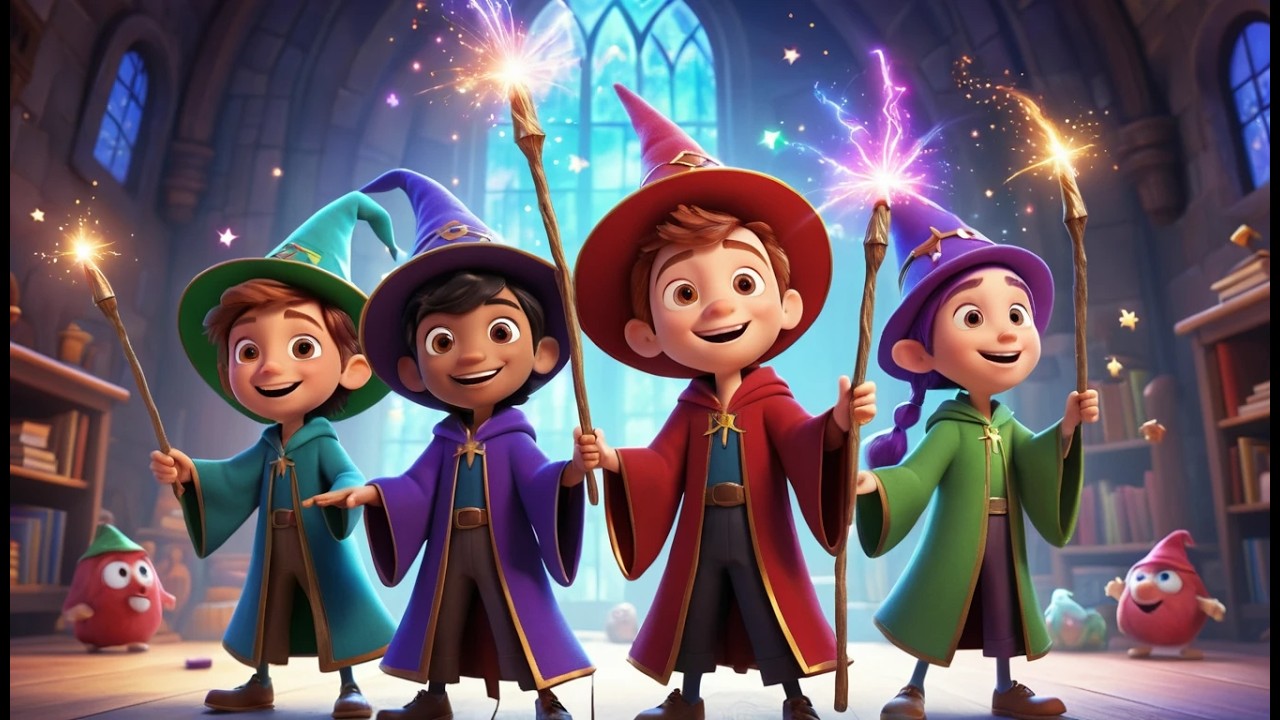 Four Little Toy Wizards Cast Cast Cast | Magic Colors & Counting Song for Kids