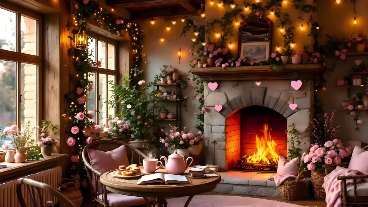 🌸Romantic Cozy Fireplace | Blush Florals & Gentle Firelight
