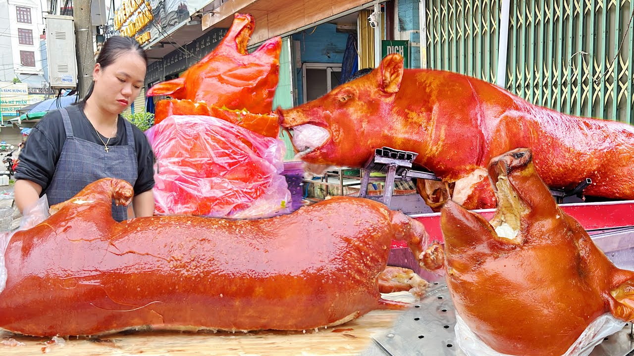The girl became famous for selling whole grilled pigs on the sidewalk in a bustling neighborhood.