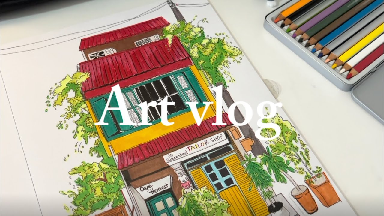 Art vlog 2 | draw with me | Storefront illustration, Virtual Plein Air, using alcohol based markers.