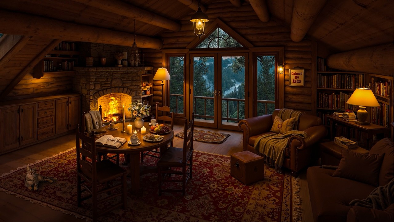 Cozy Hidden Cottage on Rainy Forest 🌧️ Smooth Piano Jazz Music, Rain & Fireplace for Relaxation