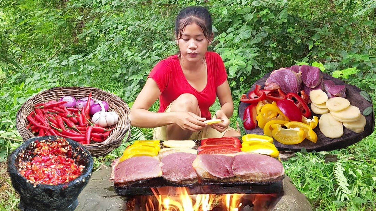 Easy Cooking Skills by Cooking Steak on rock with vegetable for lunch - Cooking Steak fast Recipe