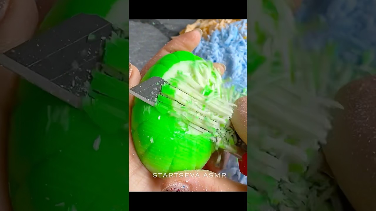 Carving neon painted dry strips on round soap. #soapcubes #soapasmr