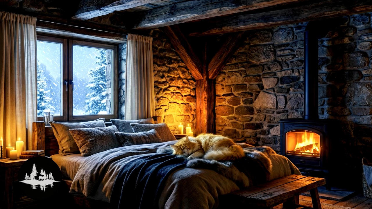 Healing Log Cabin Retreat | Crackling Fire & Cozy Cat | Winter Relaxation