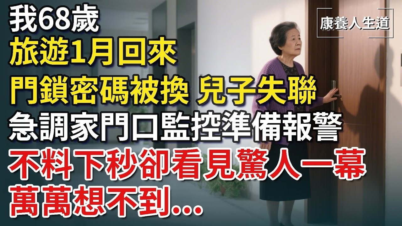我68歲，旅遊一月回來，門鎖密碼被換，兒子失聯，急調家門口監控準備報警，不料下秒卻看見驚人一幕！【康養人生道】 #康養人生道 #上了年紀該明白的事 #養老 #聰明老人 #長壽秘密