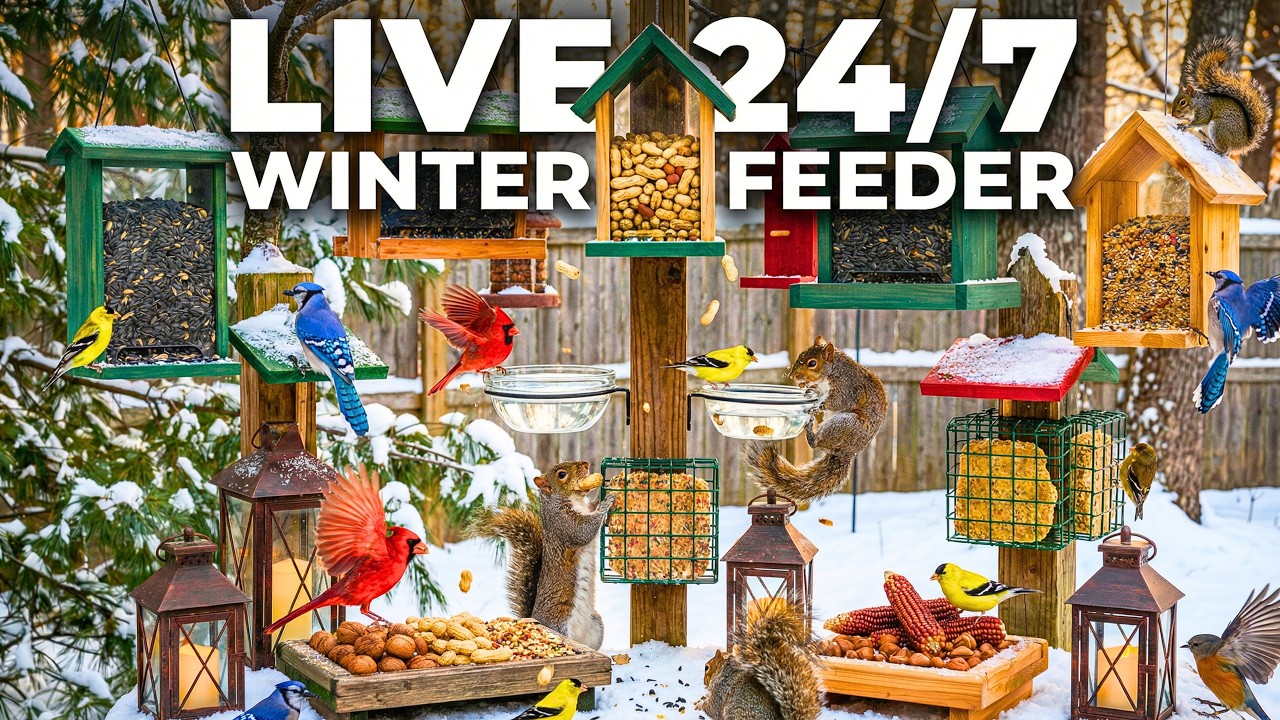 🔴 24/7 Forest Edge Bird Feeder ❄️ Blue Jays, Goldfinches & Squirrel Action