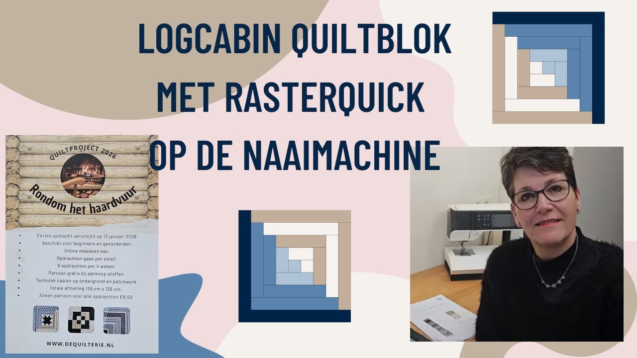 Log cabin blok met rasterquick op naaimachine. Gemaakt voor project De Quilterie 2026.