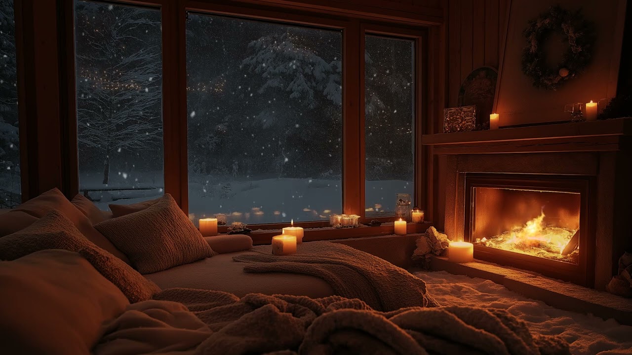Cozy Fireplace & Soft Piano Music | Relaxing Holiday Ambience with Snowfall