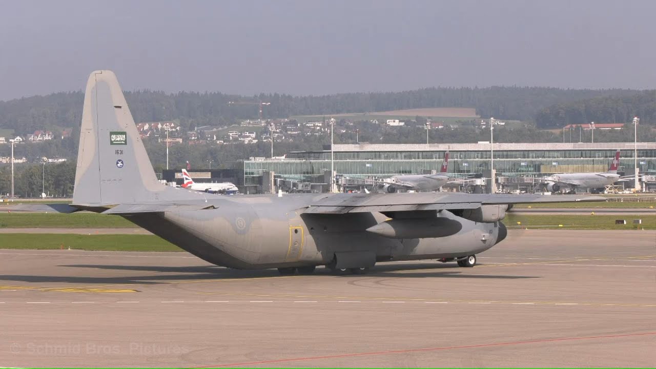 Royal Saudi Air Force Lockheed C-130H push back start up taxiing and take off at ZRH (with live ATC)