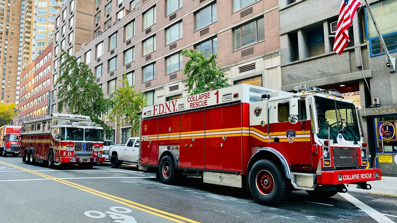 ( READ FULL DESCRIPTION ) - FDNY COLLAPSE RESCUE 1 COMING OUT FOR A BATH FROM QUARTERS OF RESCUE 1.