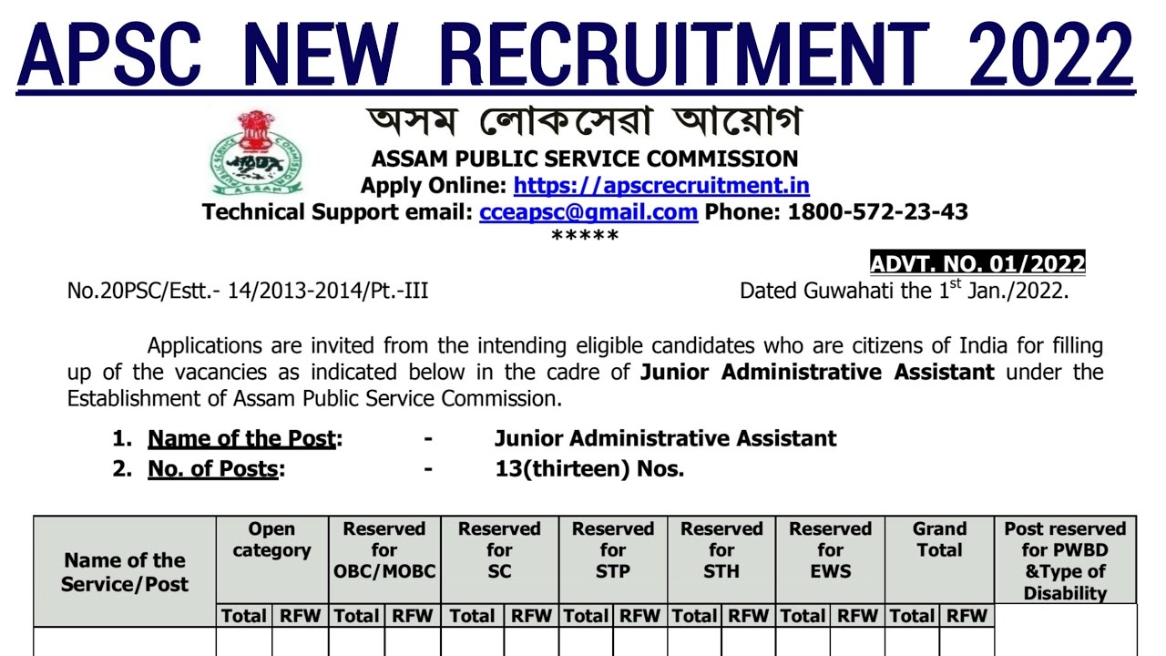 APSC new vacancy 2022 // Junior Administrative Assistant Vacancy 2022