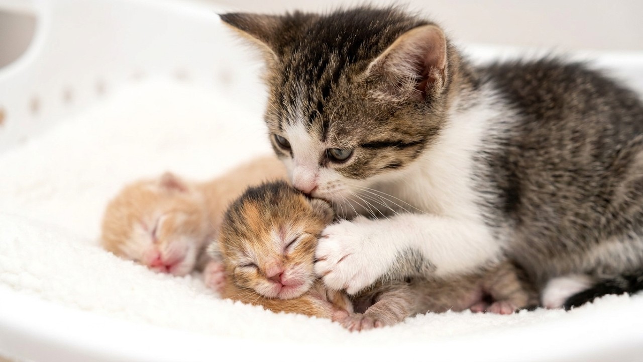 Старший брат-котенок нянчится с новорожденными! Мама-кошка отдыхает!