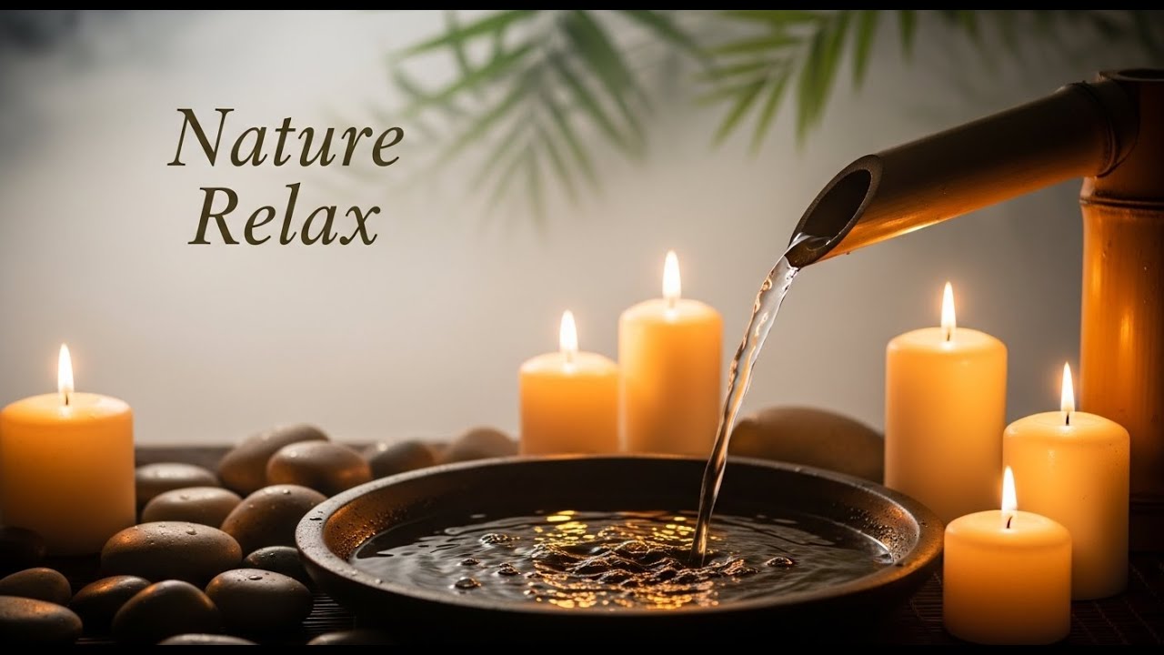Nature Zen Candle Harmony Bamboo Fountain and Water Flow for Healing Meditation and Inner Calm