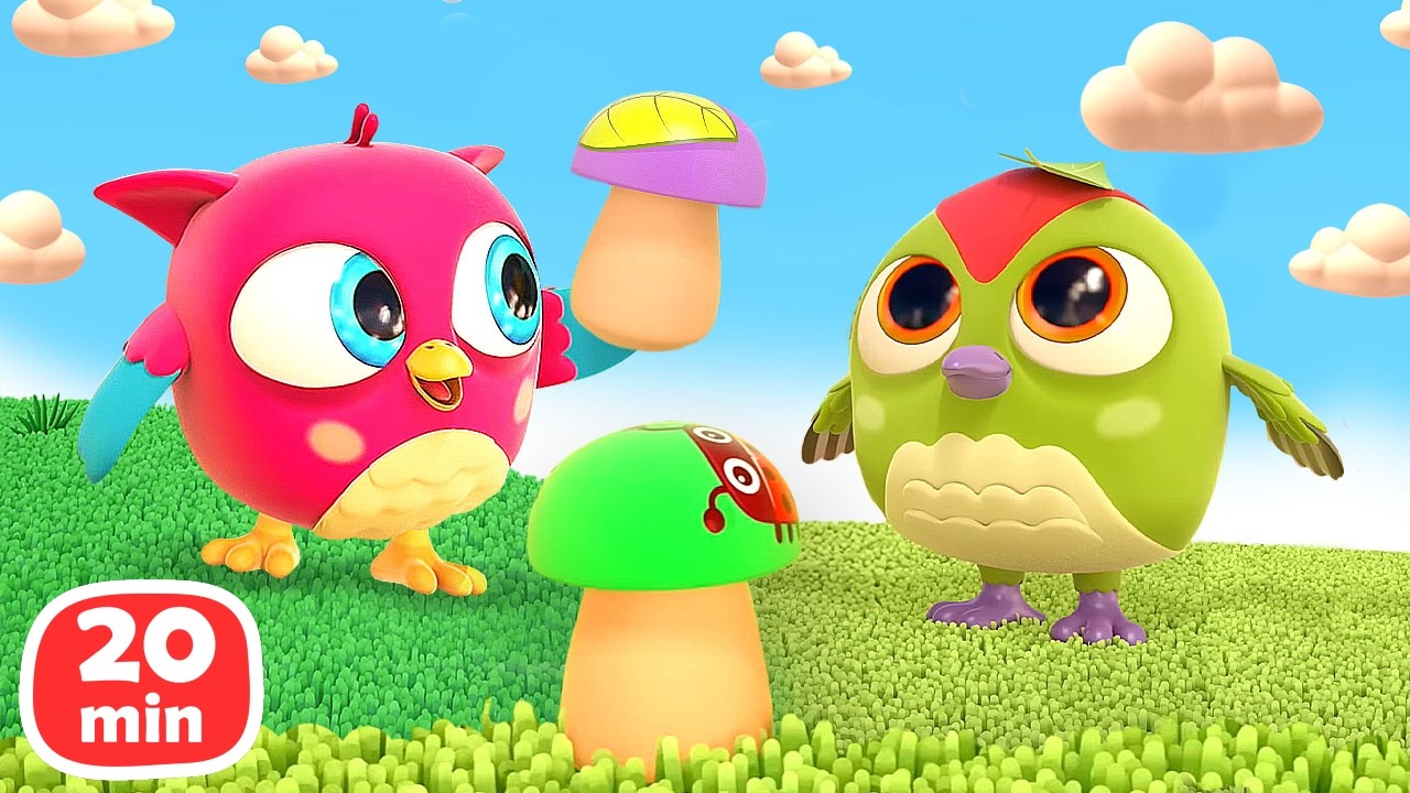 Baby Birds Pretend to Play with Toy Food - Mushrooms, Pizza, Ice Cream & Berries