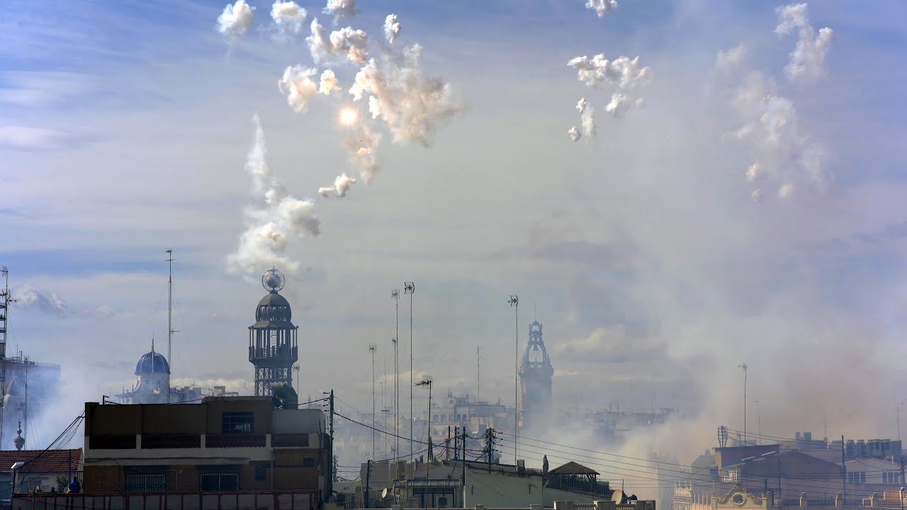 Mascleta Fallas 2023 View - Exploding Valencia Cityscape - Pirotecnia  Lluch - March 7th