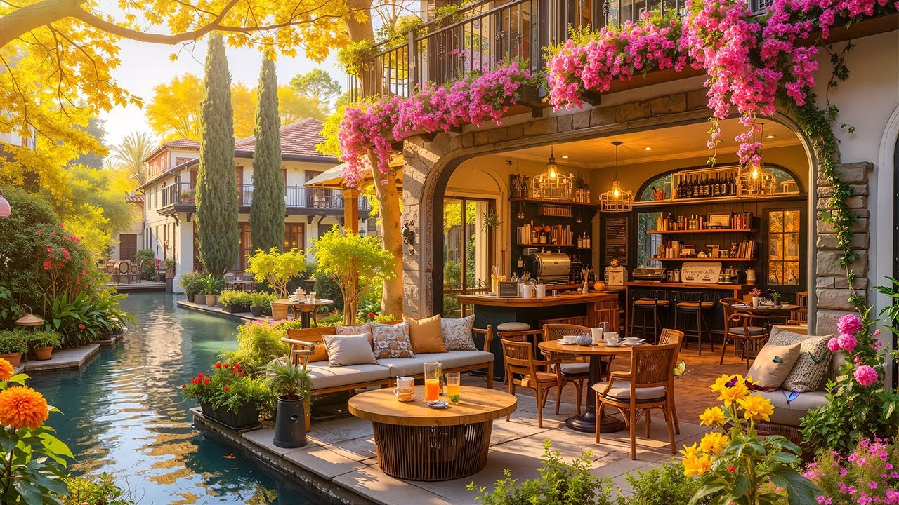 Warm Morning Jazz Music - Outdoor Coffee Shop Ambience with a Cozy Spring Atmosphere