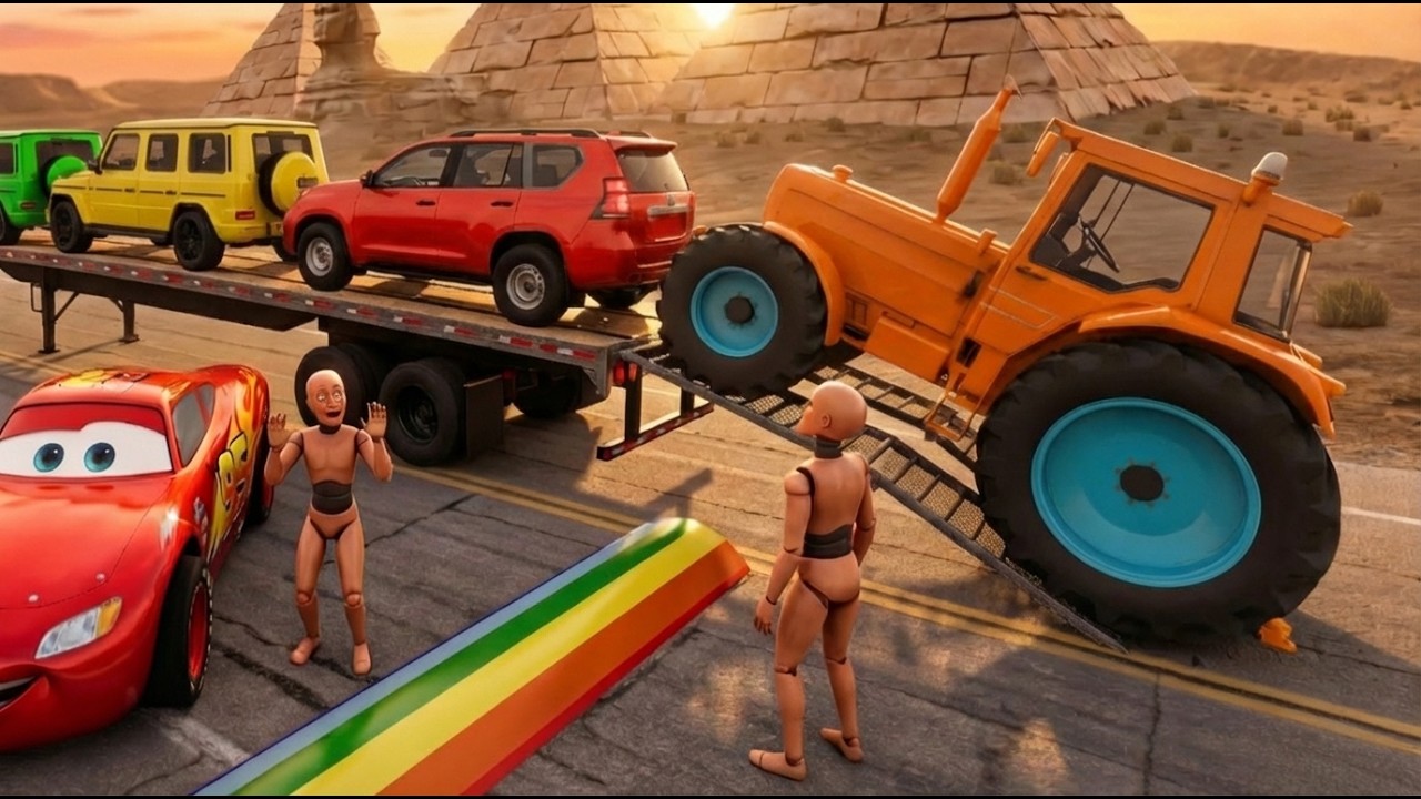 TRANSPORTING PIXAR CARS & FRUITS WITH COLORED & JOHN DEERE vs CLAAS vs TRACTORS - BeamNG.drive #41
