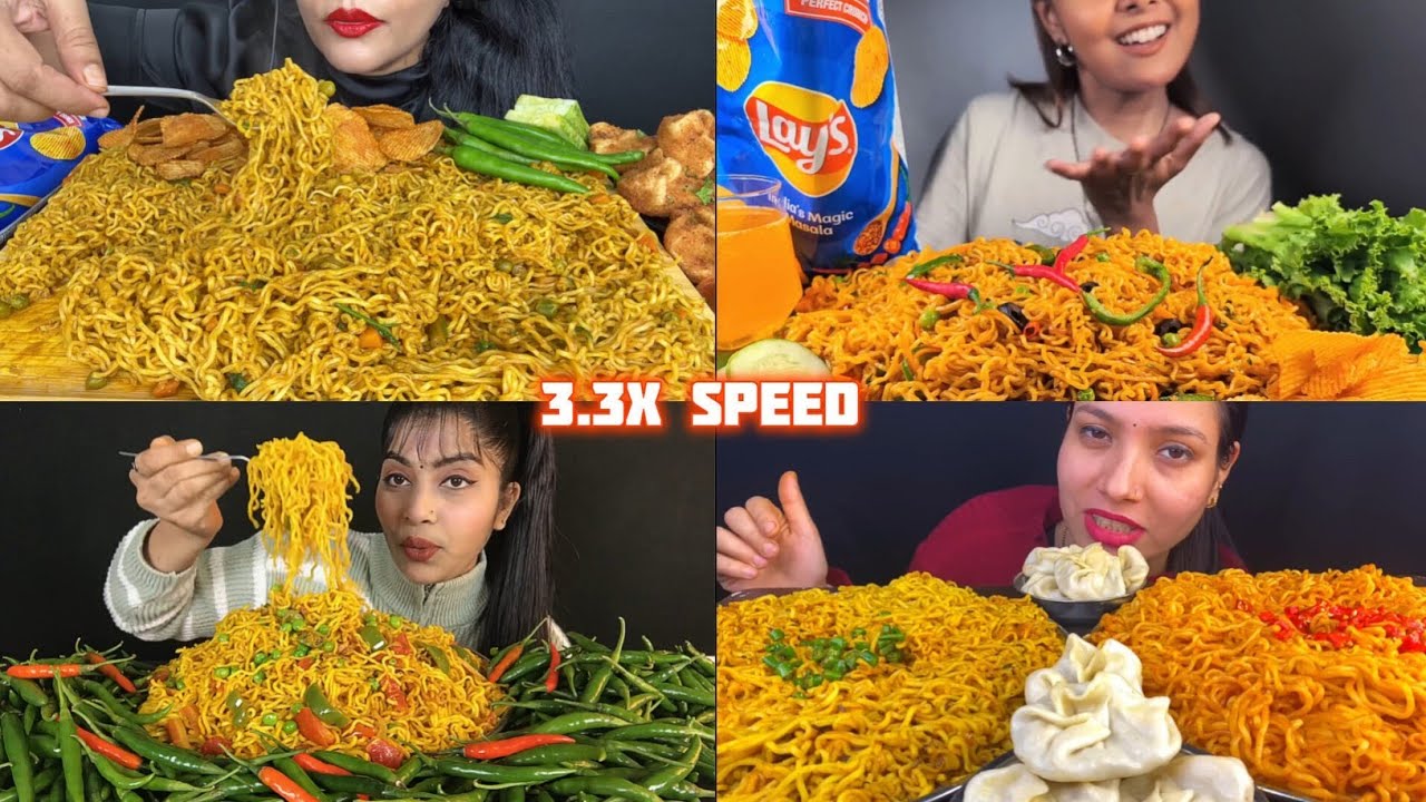 ASMR: Eating Noodles and Maggie Eating Challenge 🍝😍momo and lots of green chilli Mukbang😋