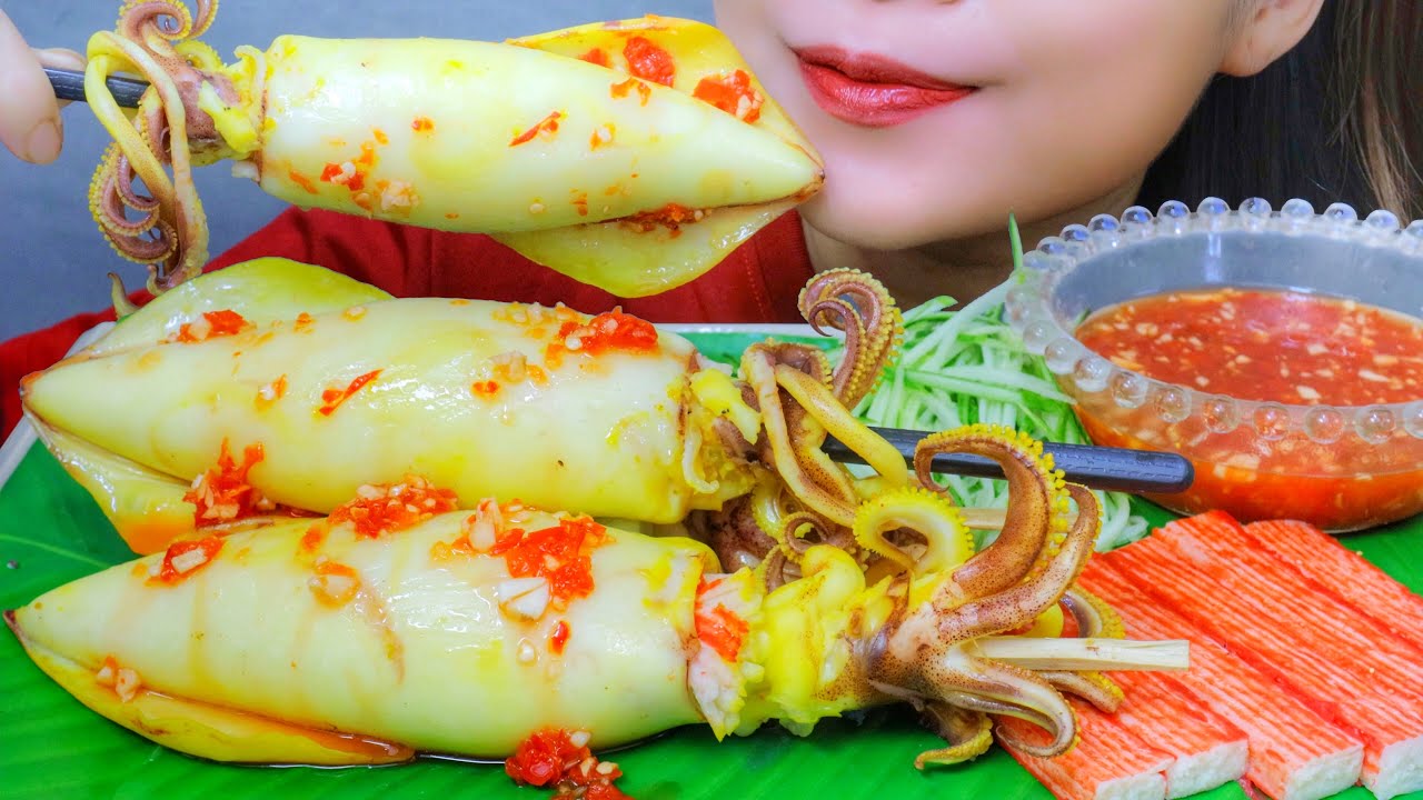 ASMR SQUID CAKES STUFFED IN SQUIDS AND CRAB STICKS , EATING SOUNDS | LINH-ASMR
