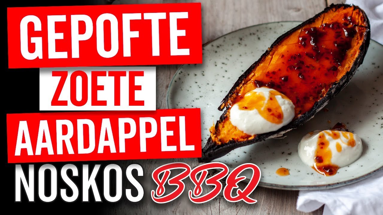 Gepofte zoete aardappel van de BBQ met chipotle-ahornboter
