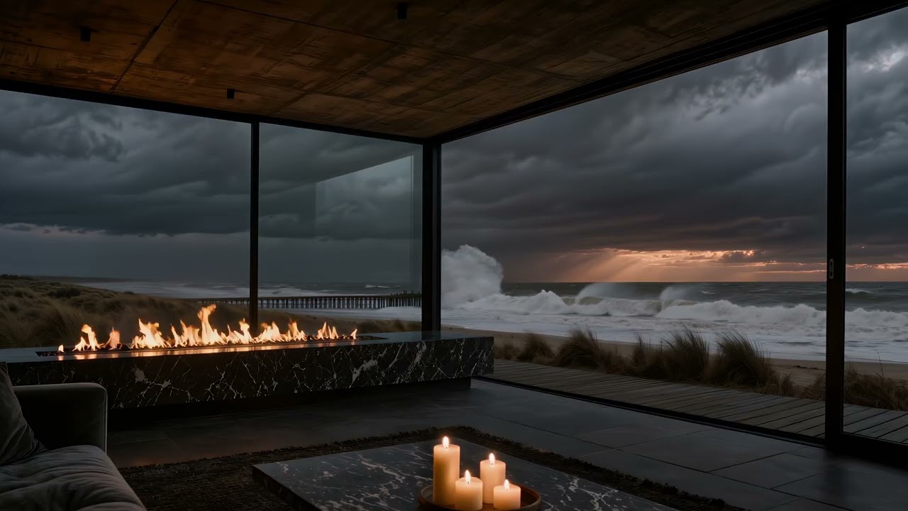 Stormy Ocean Fireplace Ambience 🌊🔥 | Cozy Modern Beach House & Crashing Waves