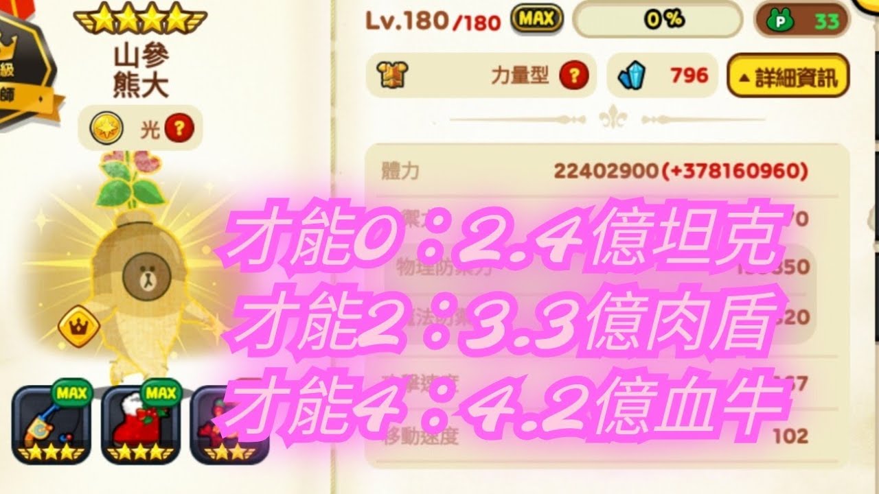 LINE Rangers：這隻不簡單💰家裡有礦就靠它🌠光屬性山參熊大9星180才能2🪞2.1秒產3.3億體力100%技閃技抗💧水神樂增礦重置喝湯🌠光榮恩泡泡抗停產擊退+敏捷🌠光參熊送頭抗增礦擊退+智慧