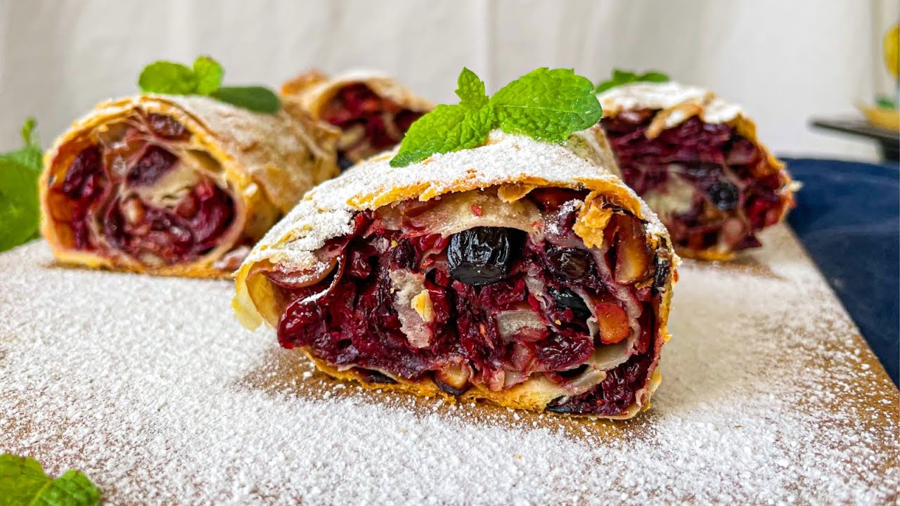Christmas Cherry Strudel with Almonds | Authentic Austrian Style | Paper &ndash; Thin Strudel Dough