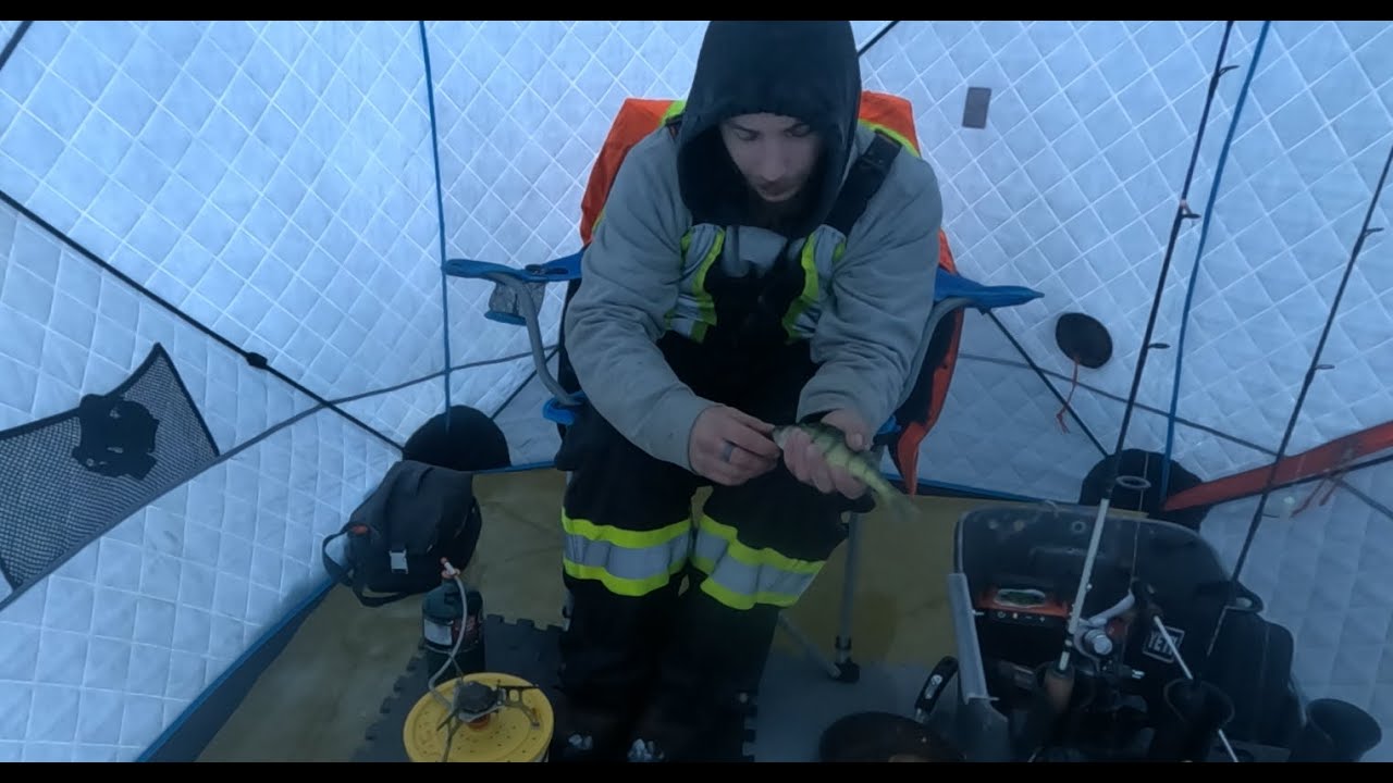 first ice of the 2025 2026 season! Tiny Perch, food and lots of water!