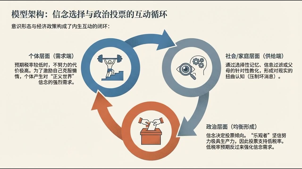 正义世界信念与再分配政治：心理与经济平衡：公正世界信念如何与国家间的再分配政策及政治意识形态共同演化。个体为了克服意志力薄弱并激励自己或后代努力工作，倾向于通过认知失调来维护“善有善报”的观念。