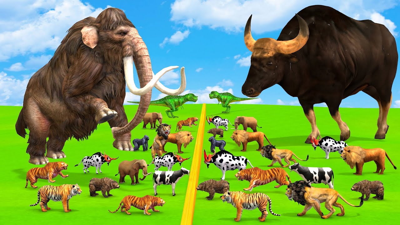 5 Giant Elephant Cow Vs Giant Zombie T-Rex Dinosaur Vs 5 Giant Lion Tiger Cub Saved By Wolly Mammoth