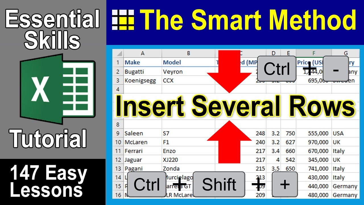 3-1: Insert and delete Excel rows and columns (inc shortcut keys)