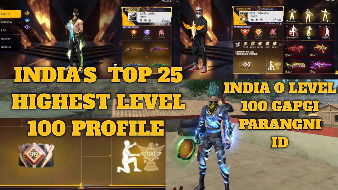 Freefire Top 25 India's highest Level 100 profile and I'd ||No.1 record in freefire level in 6years 
