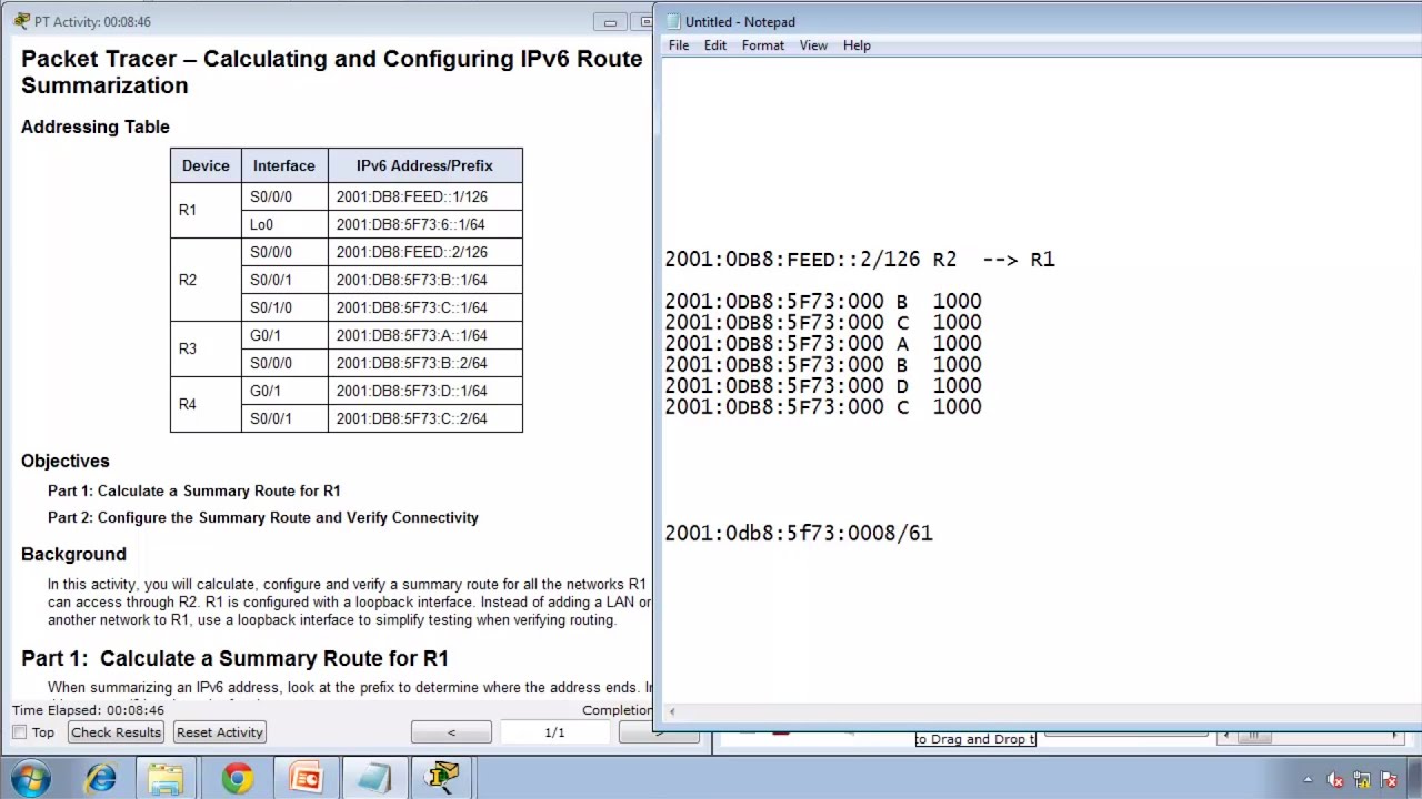 Packet Tracer 6.4.2.4 Calculating and Configuring an IPv6 Route Summarization Instructions - CCNA 2
