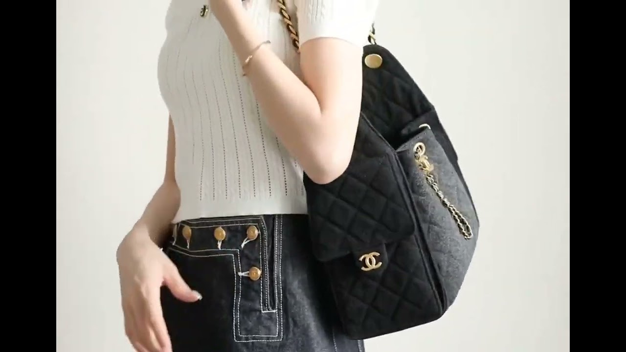Chanel 25 denim black denim shopping bag