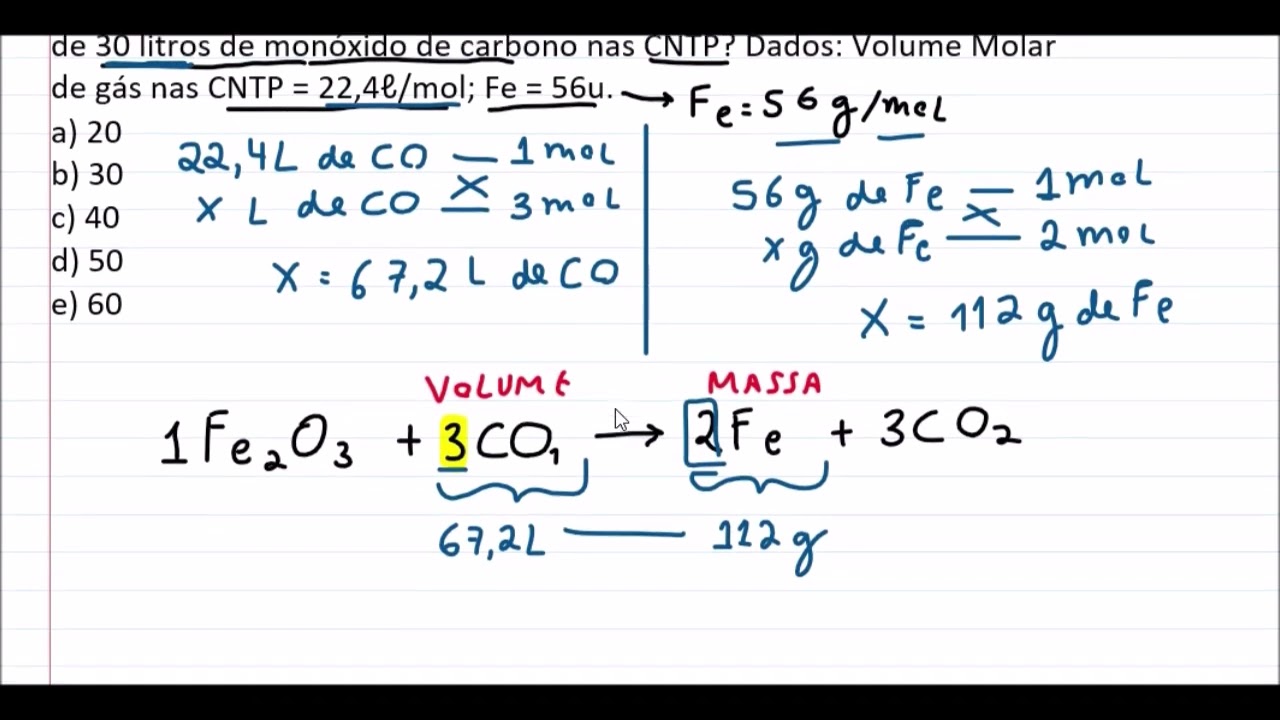 Qual a massa de ferro metálico que pode ser obtida a partir de 30 L de monóxido de carbono nas CNTP?