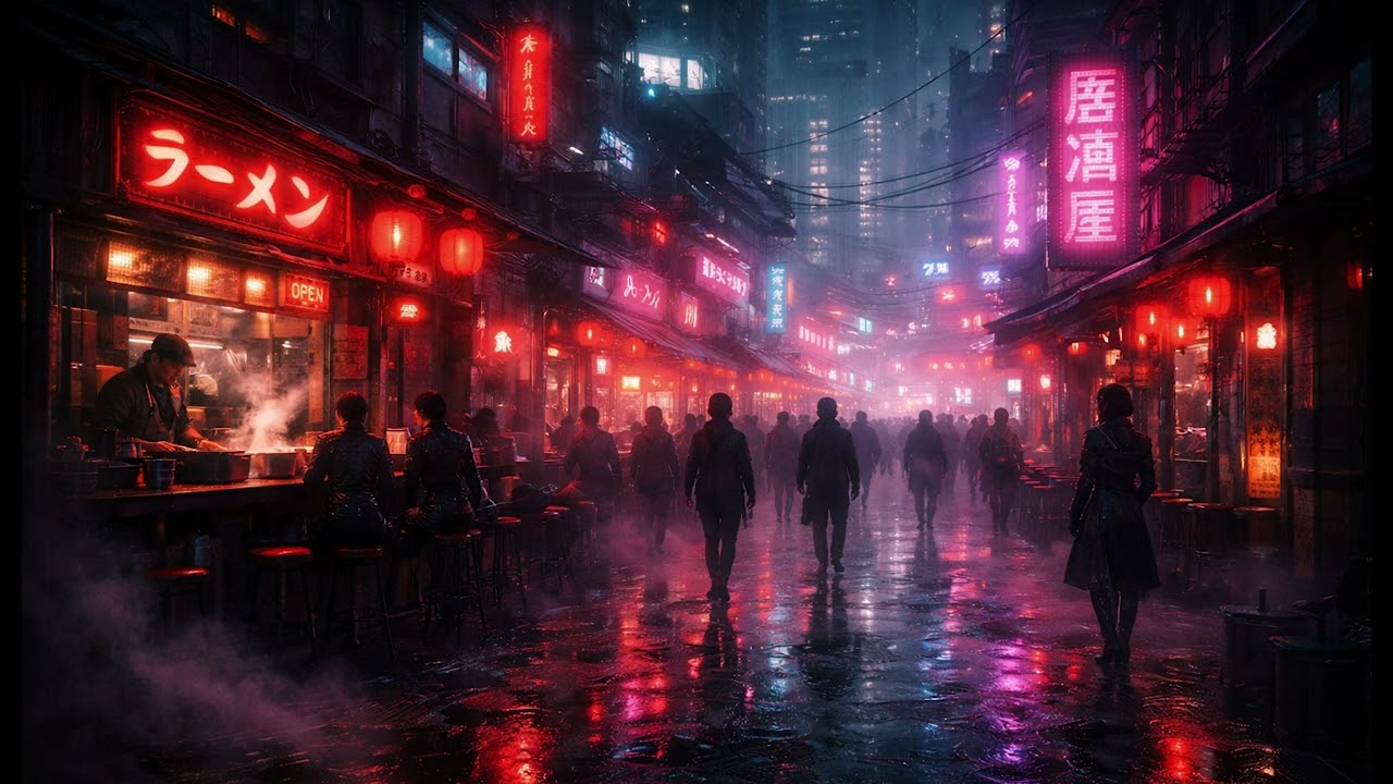 Dystopian Cyberpunk Market Ambience – 5 Hours | Neon City Sounds