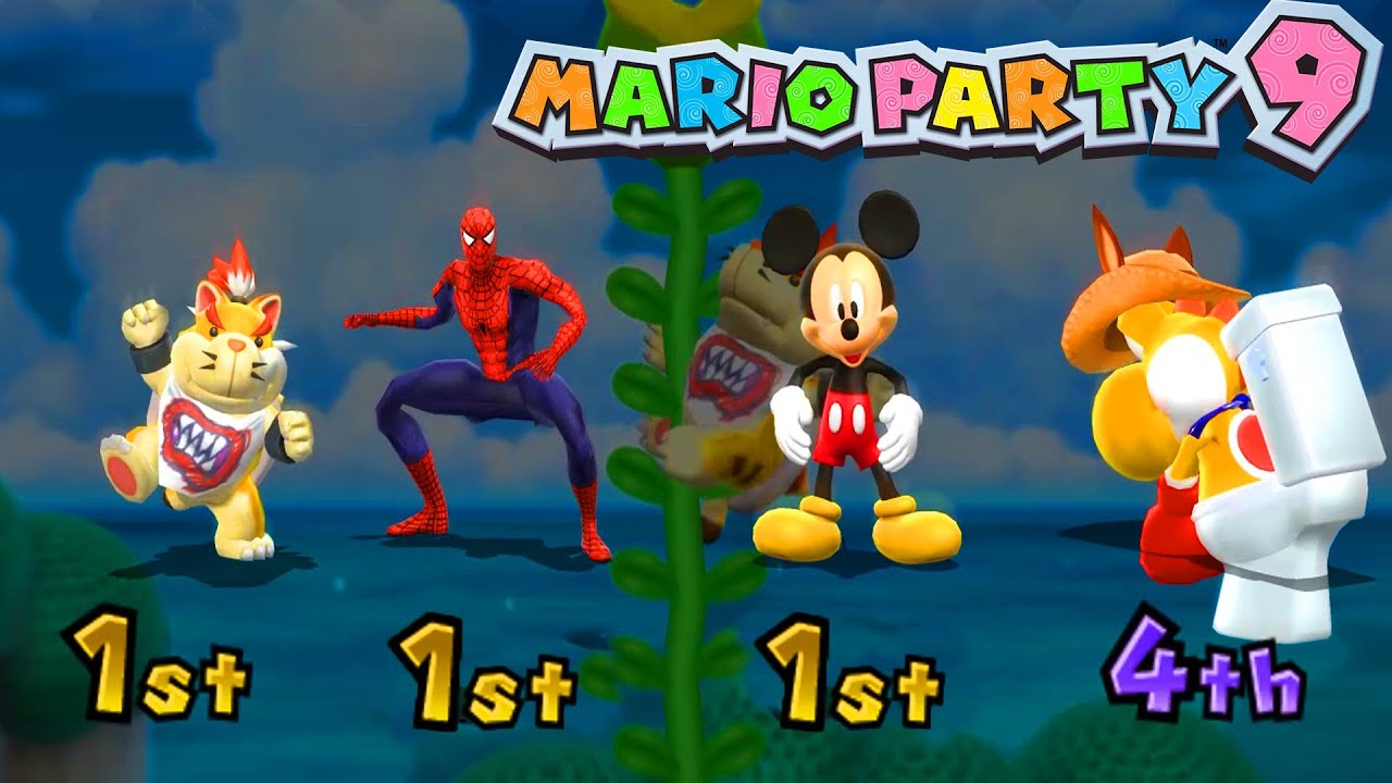 Mario Party 9 Garden Battle - Bowser jr vs Yoshi vs Spider-Man vs Micky(Master Difficulty)#mariogame