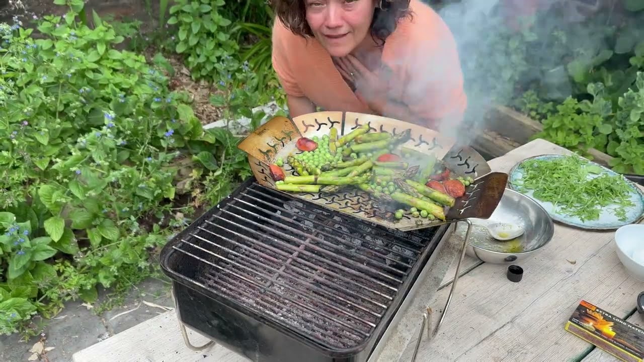 Smoked Asparagus, Pea  Mozzarella Salad | A Quick Fire-Cooked Salad with Hot Honey Pecans