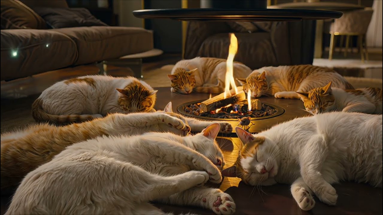 The Warmest Sleep You’ll Have 🐱 Sleeping Cats by the Cozy Fireplace | Night Background for Sleep 4K